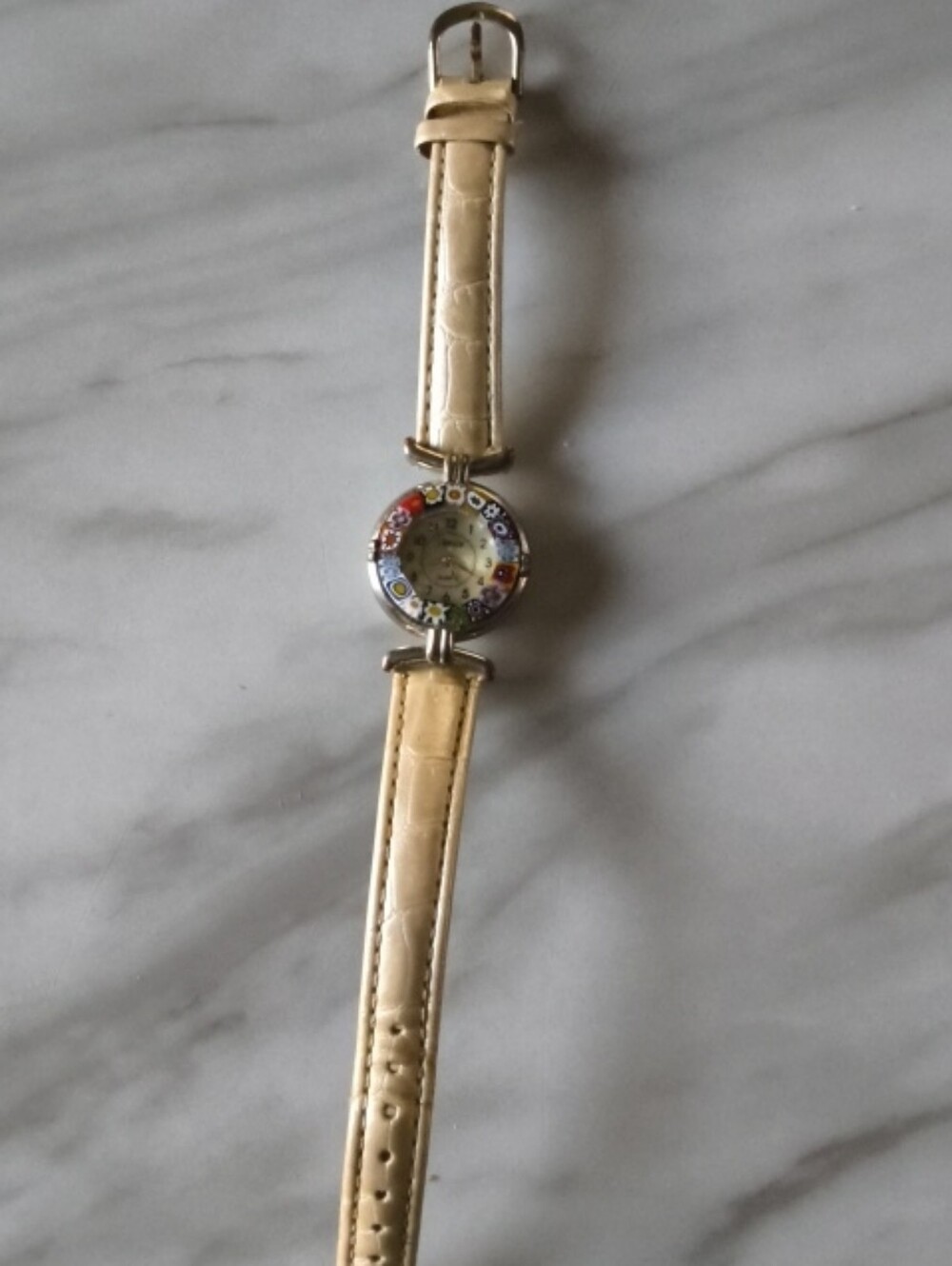 Beige Leather-Strap Women's Watch with Colorful Floral Bezel